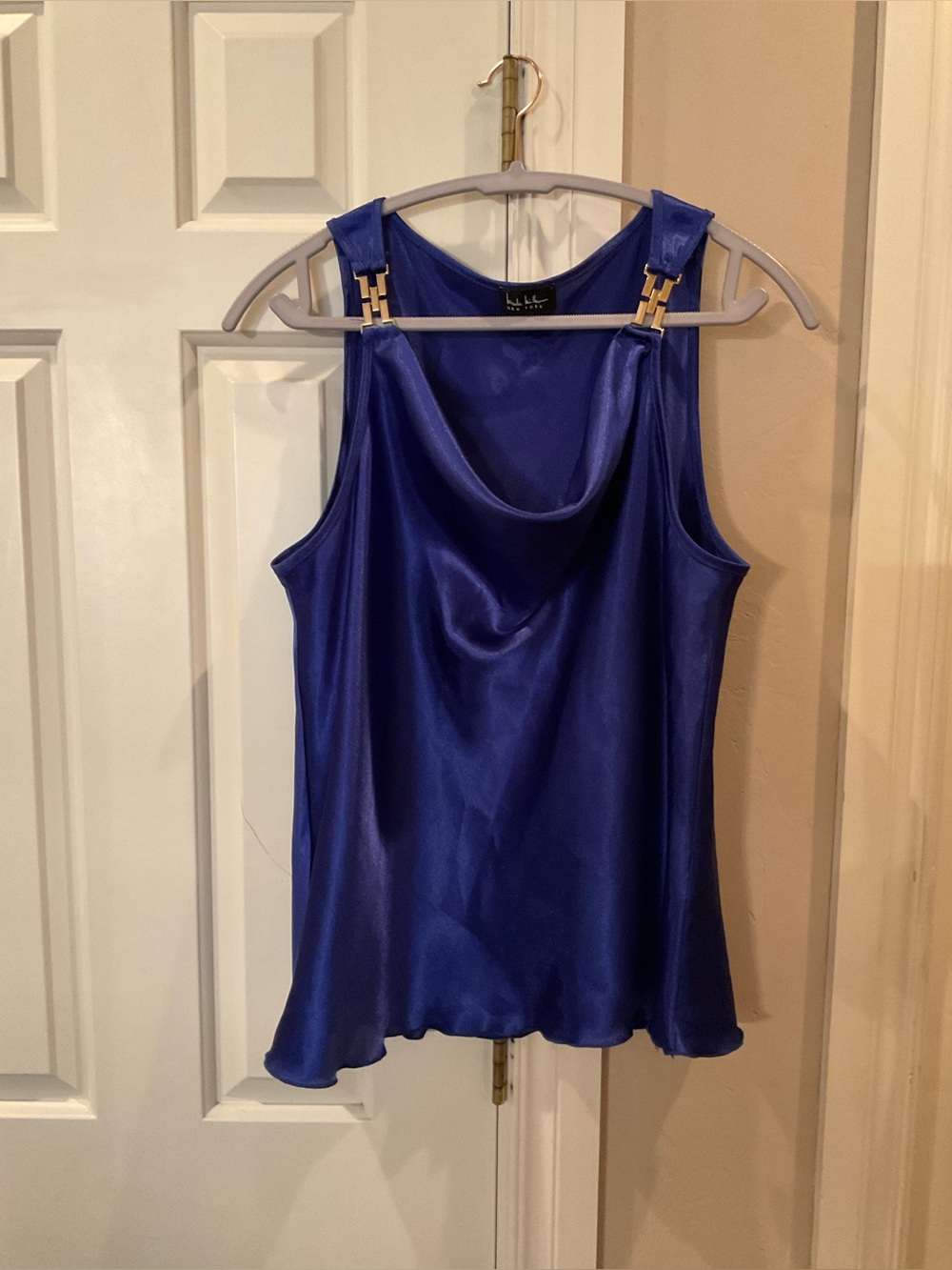 Nicole Miller NY Royal Blue Cowl Neck Top With Gold Tone Metal Shoulder Accents